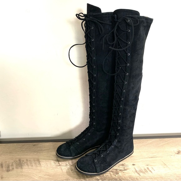 Women's VIONNET PARIS Black Suede OTK Over The Knee LACE UP Flat DESIGNER BOOTS - Picture 2 of 9